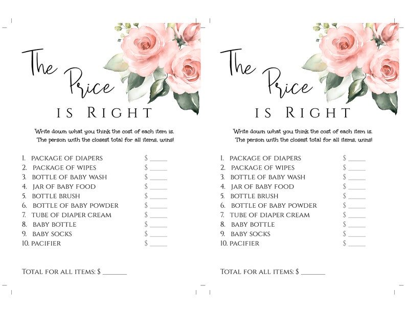 May include: A printable baby shower game with a pink floral design. The game is called "The Price is Right" and asks guests to guess the price of various baby items.