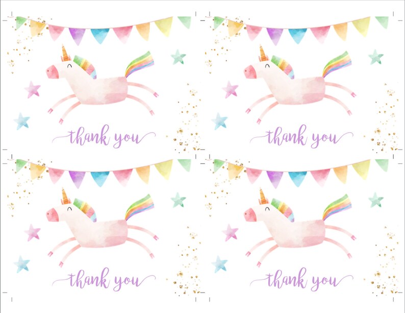 unicorn thank you card template for birthday tent fold