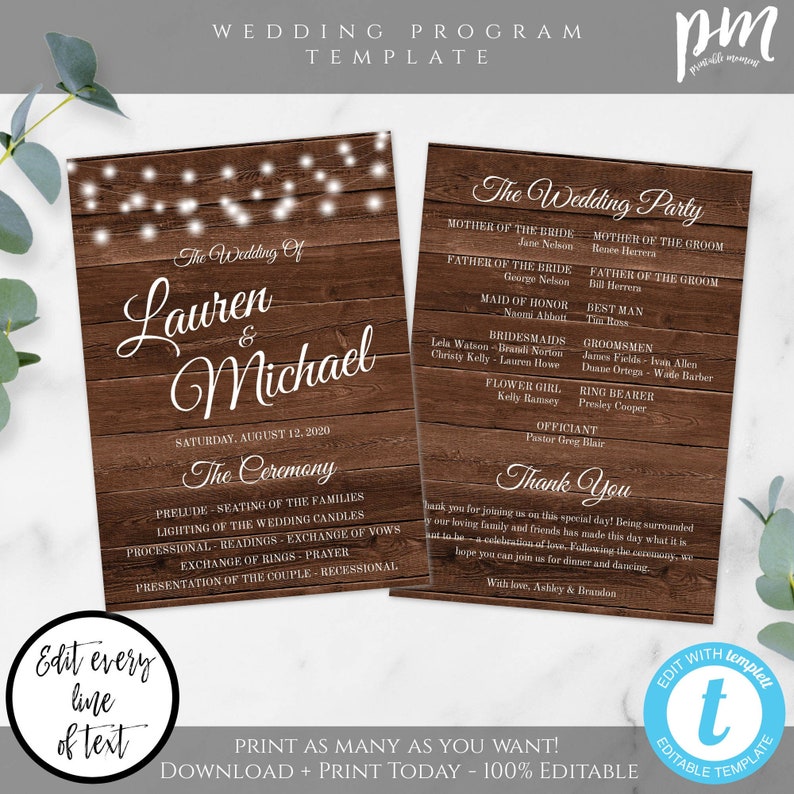 May include: A rustic wedding program template with a woodgrain background and white fairy lights. The text reads "The Wedding of Lauren & Michael" and includes the date "Saturday, August 12, 2020". The program lists the wedding ceremony order and the wedding party.