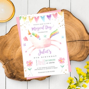 May include: Pink and white unicorn birthday invitation with rainbow mane and tail. The invitation says "Please join us for a Magical Day celebrating Juliet's 4th Birthday" and includes the date, time, and location of the party.
