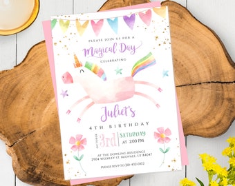 Unicorn Invitation Template, Unicorn Birthday, Unicorn Party Invite, Magical Unicorn Invitation, Rainbow Unicorn Gold Glitter Invitation BPU