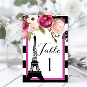 Modèle de numéros de table PARIS, numéro de table de la tour Eiffel, cartes de numéro de table imprimable floral rose 4x6, modèle de thème français modifiable