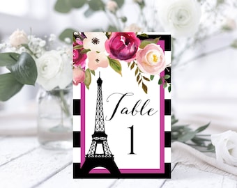 PARIS Table Numbers Template, Eiffel Tower Table Number, Pink Floral 4x6 Printable Table Number Cards, Editable French Theme Template