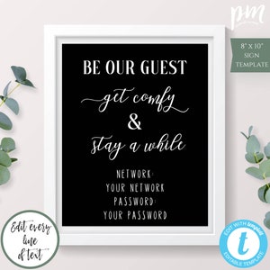Wifi Password Sign Template, Editable Wifi Sign for Guest Room, Printable Wifi Sign for Guests, House Warming Gift, Wifi Network Rental Sign