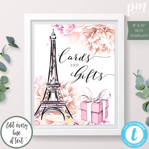 Paris Cards and Gifts Sign Template, Printable Paris Gift Table Sign, Printable Pink Floral Boho Bridal Shower Sign, Editable Template, WSP