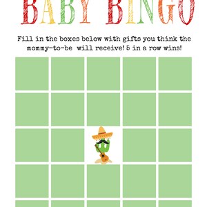 May include: Baby Bingo game card with a festive design. The card features a grid of green squares, a cactus character playing a guitar, and the text "BABY BINGO". The card is designed for a baby shower.