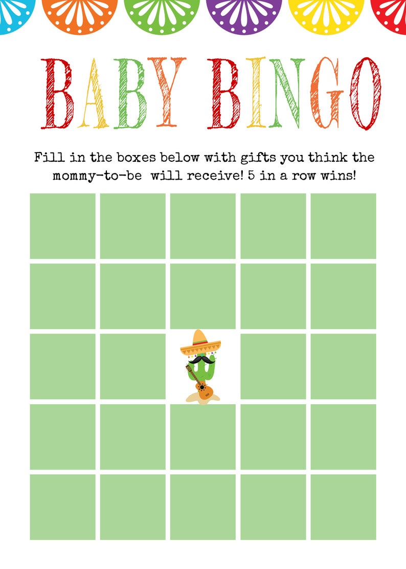 May include: Baby Bingo game card with a festive design. The card features a grid of green squares, a cactus character playing a guitar, and the text "BABY BINGO". The card is designed for a baby shower.