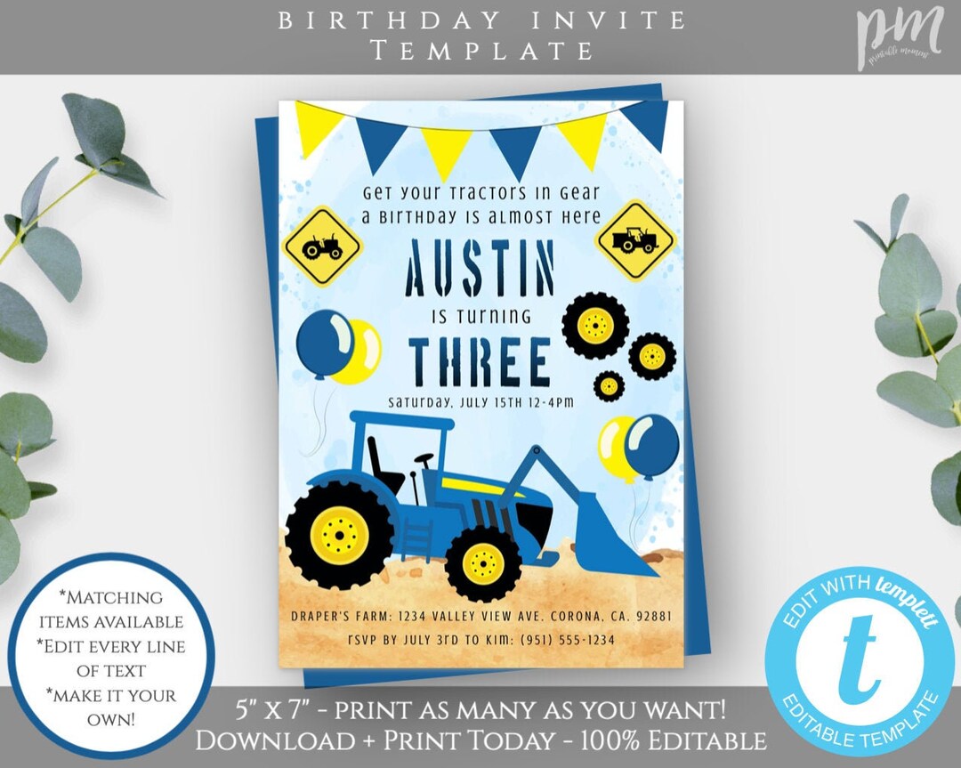 Tractor Birthday Invitation Template, Deere Birthday, Farm Party Invite ...