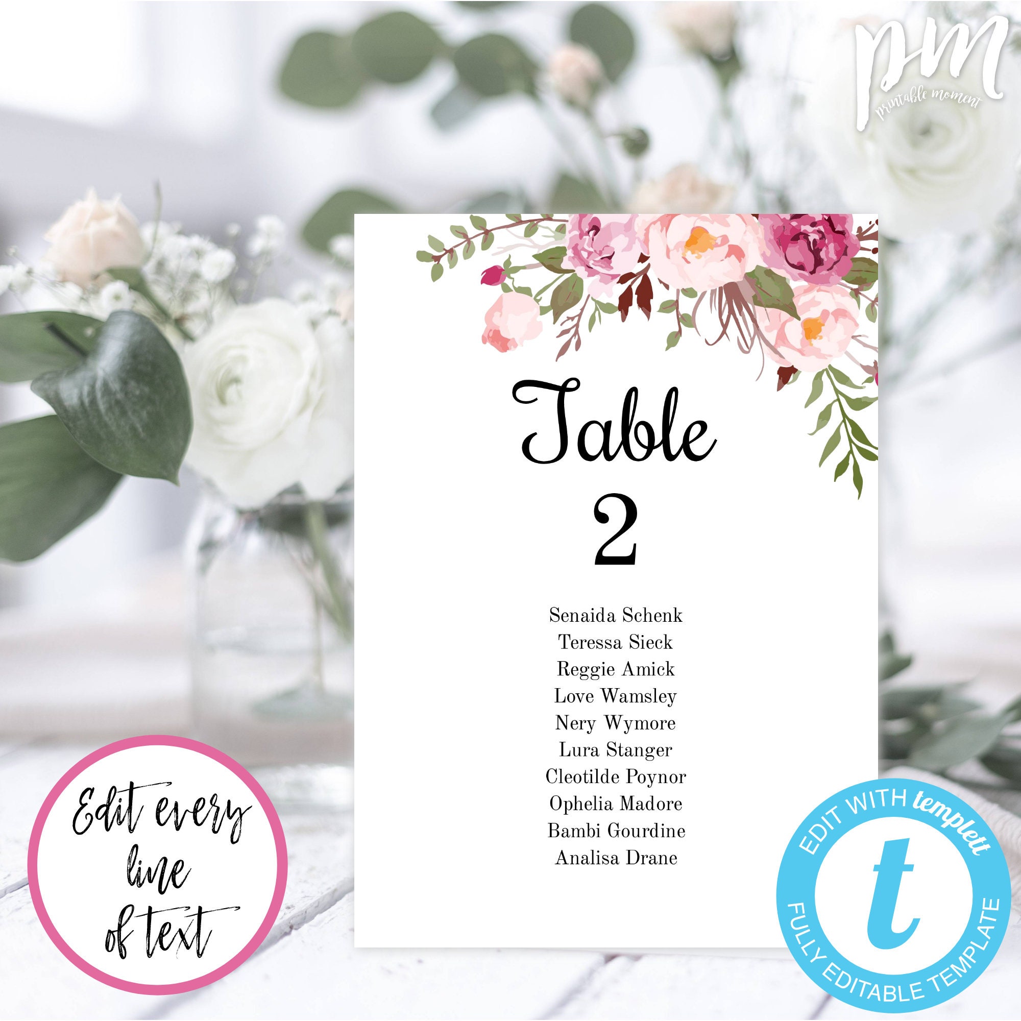 Pink Floral Wedding Table Numbers Template Printable Table - Etsy