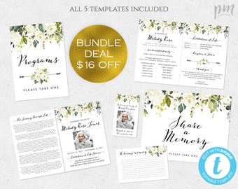 White Floral Funeral Program Set, Downloadable Funeral Template, In Loving Memory Funeral Print, Editable Celebration of Life Template, WFF