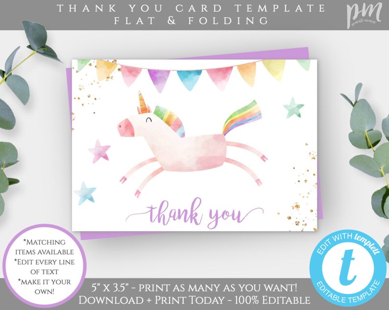 unicorn thank you card template for birthday tent fold