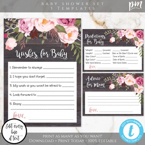 Rustic Floral Baby Shower Keepsake Templates, Wishes For Baby, Advice For The Mommy To Be, Predictions For Baby, Customizable Names, BSRF3