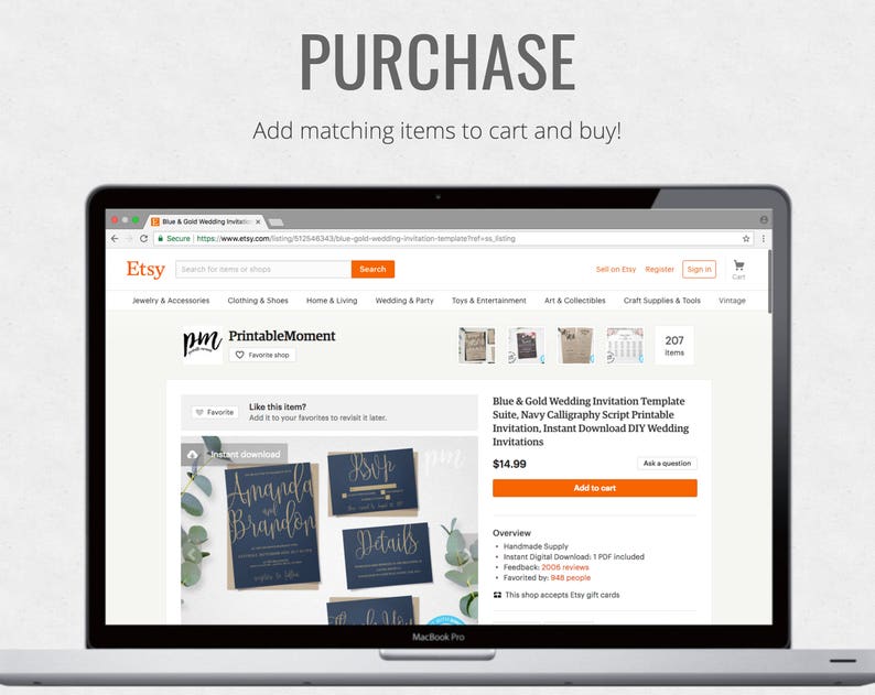 May include: A laptop screen displays an Etsy listing for a blue and gold wedding invitation template. The screen shows the product details, including the title, price, and a preview of the invitation suite. The word "PURCHASE" is at the top.