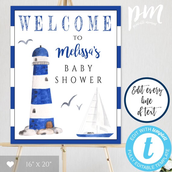 Nautical Baby Shower Welcome Sign Template Lighthouse Shower Welcome Sign Beach Baby Shower Welcome Poster Sign Ahoy It/'s a Boy Shower BSN