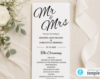 Może przedstawiać: Pionowa biała karta z programem ślubnym z czarnym tekstem, który brzmi Mr & Mrs, Welcome to the Wedding of AMANDA JANE NELSON & JAMES KYLE HERRERA, 07.12.2022 oraz The Ceremony, po którym następuje lista wydarzeń, w tym preludium i przysięgi.