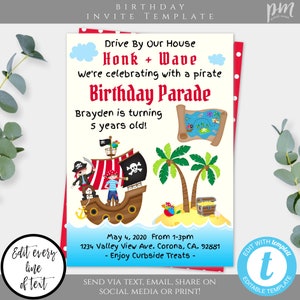Pirate Drive By Birthday Parade Invitation Template Drive By Kid&#39;s Birthday Party Digital Kid Friend Party Invite Parade Birthday Honk Wave