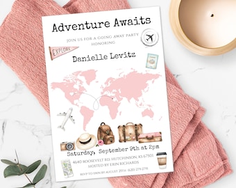 May include: A pink and white going away party invitation with a world map, airplane, luggage, and a camera. The text reads "Adventure Awaits" and "Danielle Levitz".