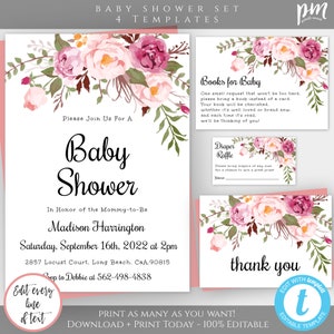 Bohemian Baby Shower Invitation Template, Boho Baby Shower Invitation Suite, Pink Floral Baby Shower Invite, DIY  Printable + Editable, BSBH