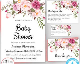 Bohemian Baby Shower Invitation Template, Boho Baby Shower Invitation Suite, Pink Floral Baby Shower Invite, DIY  Printable + Editable, BSBH
