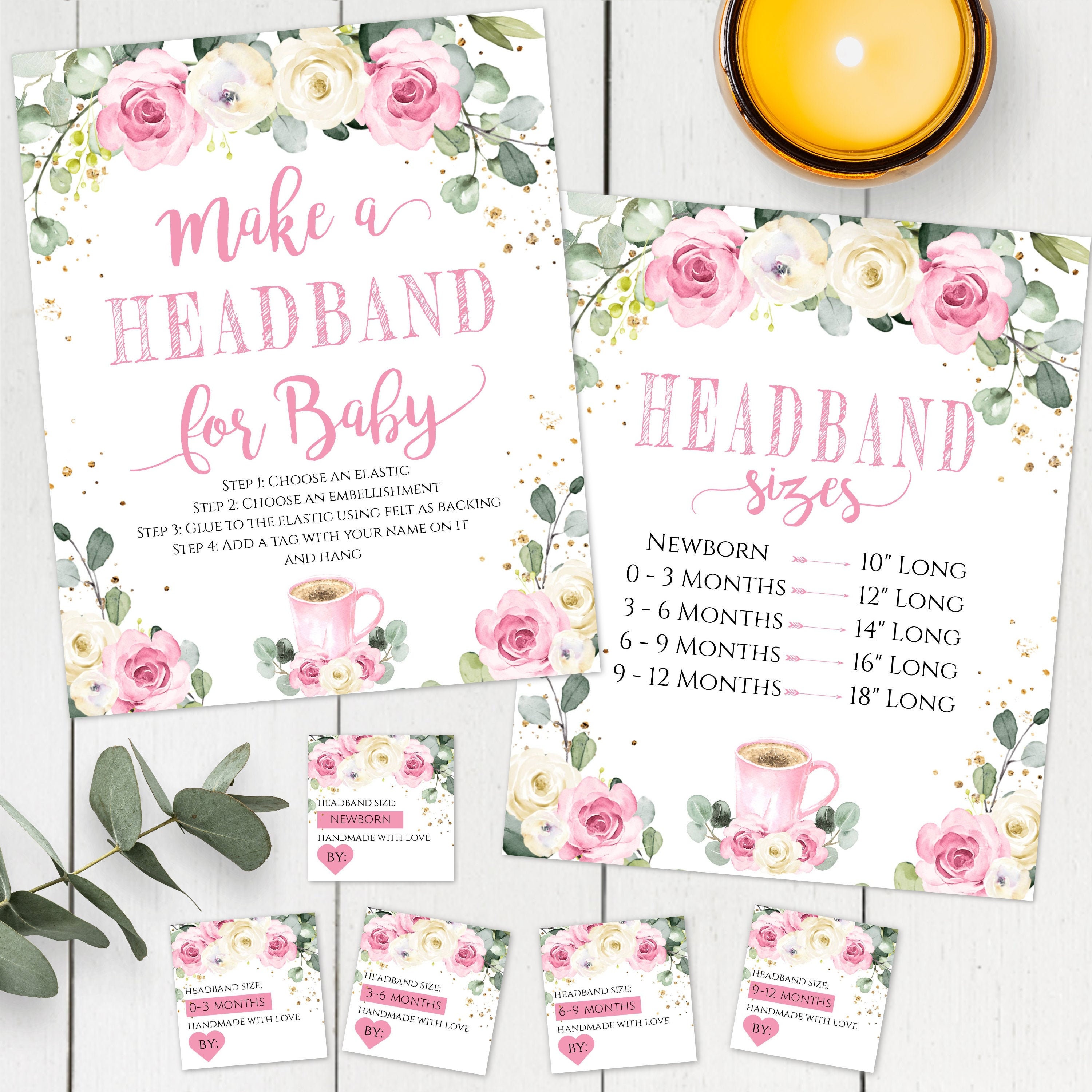 DIY Stirnband Kit Für Baby Shower – 32 Bänder & 6 Clips Zum Selbermachen (Rosa/Grau/Elfenbein)