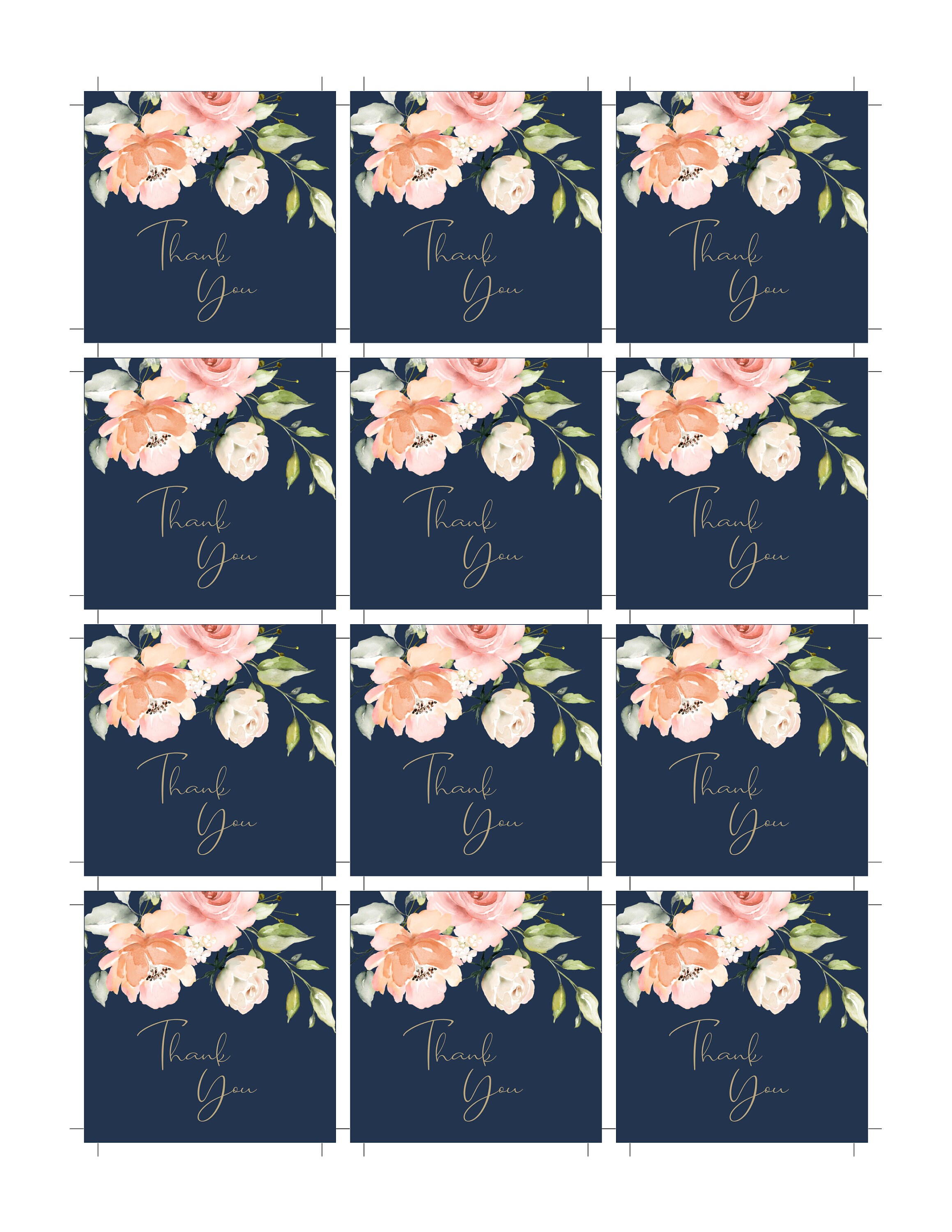 Navy Gold With Peach Watercolor Flowers Favor Tag Template | Etsy