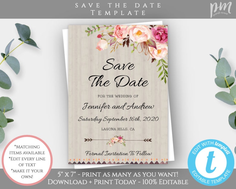 Bohemian Save The Date Template, Floral Boho DIY Save The Date Card, Instant Download Save the Date Invite, Engagement Template, WBRB image 1