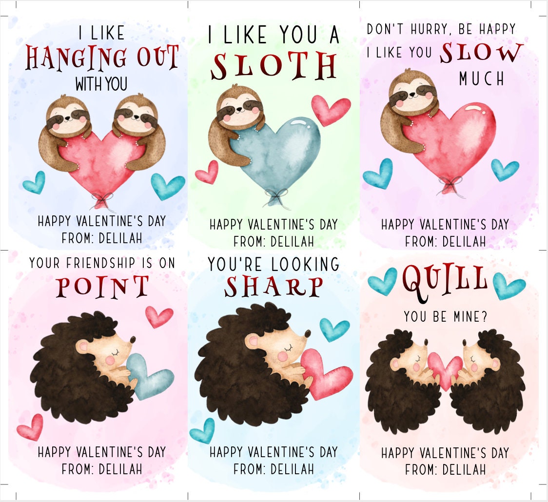 Sloth Valentine Card Template, Hedgehog Valentines Cards for Kids ...