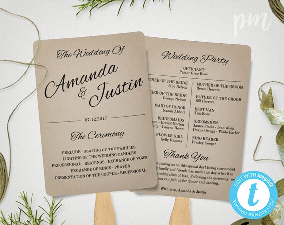 rustic printable wedding program template fan wedding program etsy