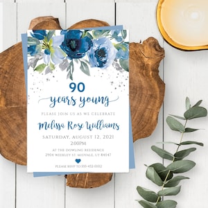 Blue 90th Birthday Invite, Ninety Years Young Woman&#39;s Birthday Invite, Editable Template, Edit the Age, Adult Birthday Party Invite, 90B