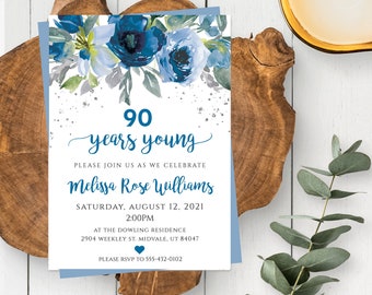 Blue 90th Birthday Invite, Ninety Years Young Woman's Birthday Invite, Editable Template, Edit the Age, Adult Birthday Party Invite, 90B