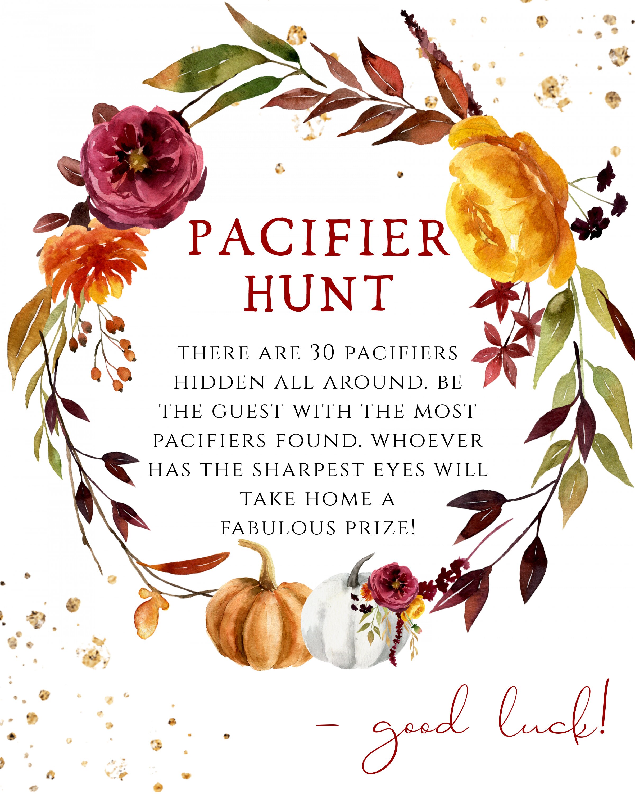 Fall Baby Shower Pacifier Hunt Game Sign Template, Editable Pumpkin ...