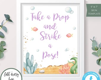 Mermaid Photo Booth Prop Sign Printable Template for Girl's Birthday, Mermaid Party, Under the Sea Birthday, Editable Strike a Pose Sign MBP