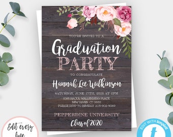 Rustic Floral Graduation Invitation Template, Graduation Party Invitation for Girl, High School Grad, College Grad, Printable Invite, 2021