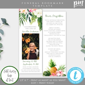 Hawaiian Funeral Bookmark Keepsake Template, Tropical DIY Editable Custom Bookmark, Funeral Favor, Printable Celebration of Life, HJF
