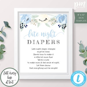 Late Night Diapers Game Template, Diaper Thoughts Sign, Printable Baby Shower Activity, Blue Floral Diaper Game, Instant Download PDF, BSBF