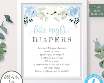 Late Night Diapers Game Template, Diaper Thoughts Sign, Printable Baby Shower Activity, Blue Floral Diaper Game, Instant Download PDF, BSBF