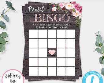 Rustic Floral Bridal Bingo Game Template, Bridal Shower Game Instant Download, Shower Printable, Editable Game, Present Game, WSRF