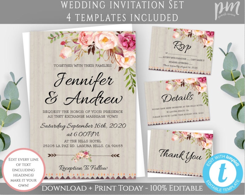 Boho Wedding Invitation Template Set, Bundle Suite, Rustic Floral Invitation Winter Wedding DIY Editable Template Printable Invitation, WBRB immagine 1