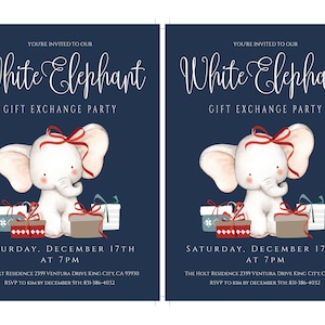 May include: A blue invitation card with a white elephant illustration and the text "White Elephant Gift Exchange Party". The invitation details a party on Saturday, December 17th at 7 PM at The Holt Residence, 2359 Ventura Drive, King City, CA 93930. RSVP to Kim by December 5th at 831-386-4032.