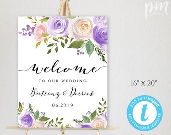 Lavender Wedding Welcome Sign Template, Lilac Welcome Poster, Printable Wedding Sign Instant Download, DIY Purple Wedding Decor, WBPL3