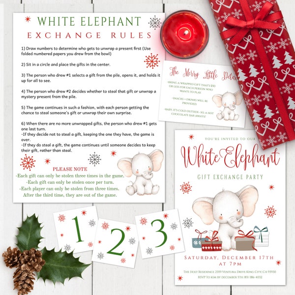 White Elephant Gift Exchange Party Template Set, Gift Exchange Invitation, Holiday Party Game Set, Christmas Party Kit, Instant Download