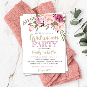Pink Floral Graduation Invitation Template, Graduation Party Invitation for Girl, High School Grad, College Grad, Printable Invite, 2021