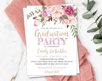 Pink Floral Graduation Invitation Template, Graduation Party Invitation for Girl, High School Grad, College Grad, Printable Invite, 2021