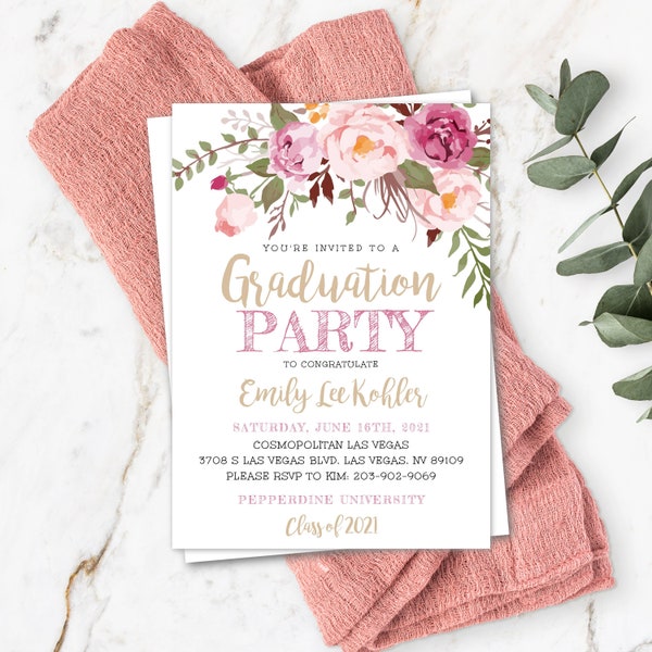 Pink Floral Graduation Invitation Template, Graduation Party Invitation for Girl, High School Grad, College Grad, Printable Invite, 2021