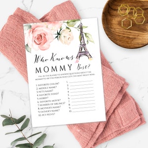 Paris Baby Shower Game Template Who Knows Mommy Best, Game Template for French Baby Shower, DIY Printable Eiffel Tower Game for Girl, BSP3