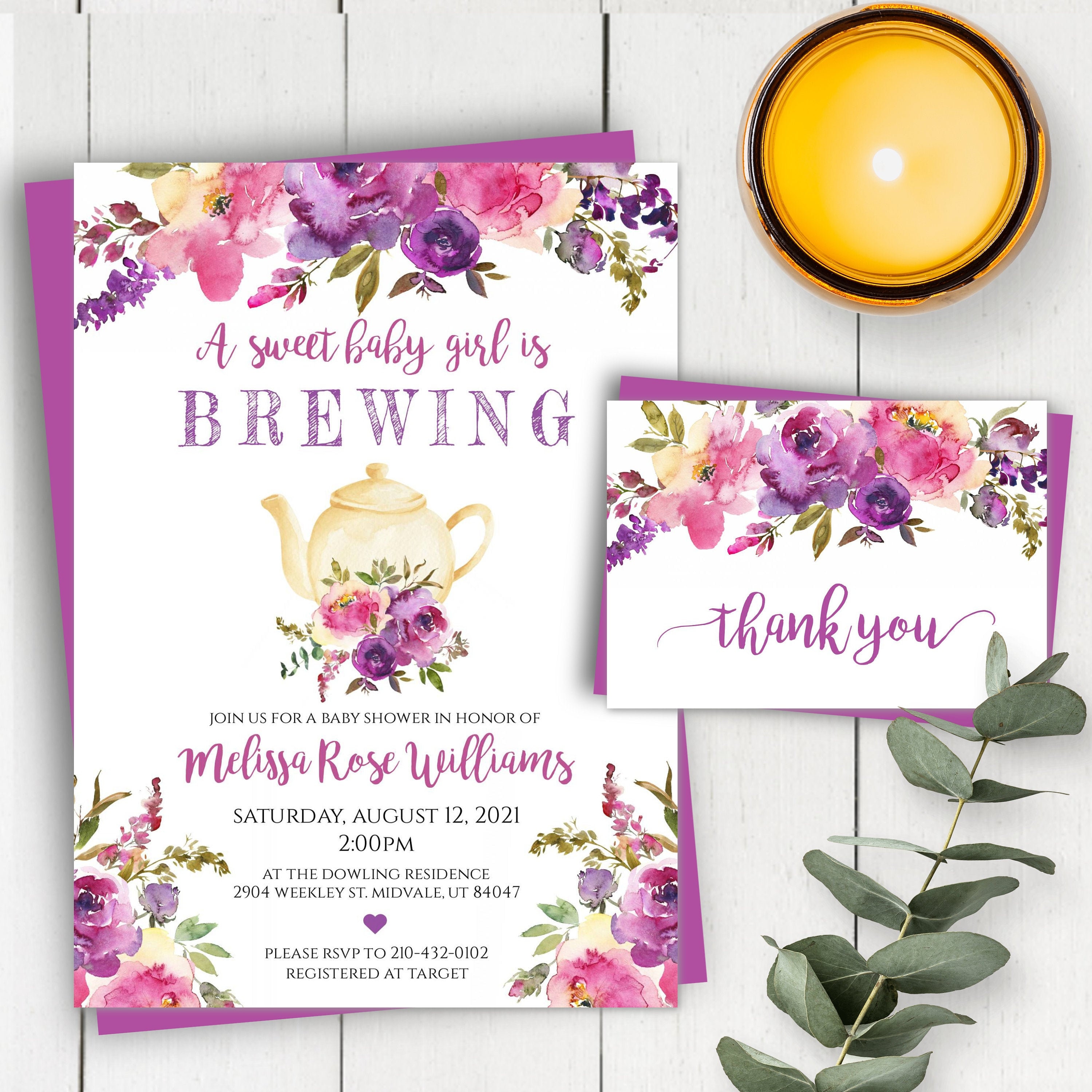 Tea Party Baby Shower Invitation Template Tea Party Invitation Purple Floral Girl Baby Shower A Baby Is Brewing Printable