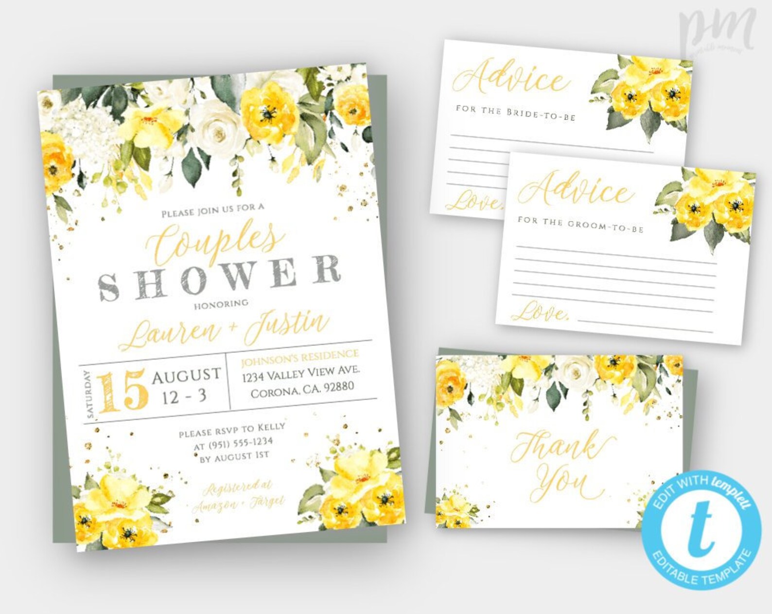 Yellow Floral Couples Wedding Shower Invitation Printable Shower Invite ...