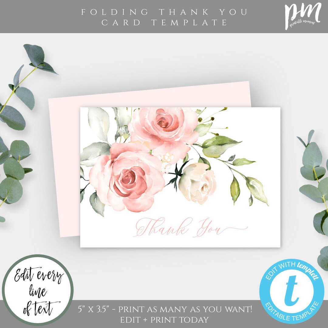 Pink Floral Thank You Card Template for Girl, Editable Folding Card ...