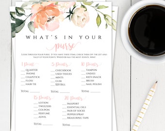 Peach Floral Bridal Shower Game Template, What's in Your Purse Wedding Shower Game, DIY Editable + Printable Game, Purse Game, WSB2