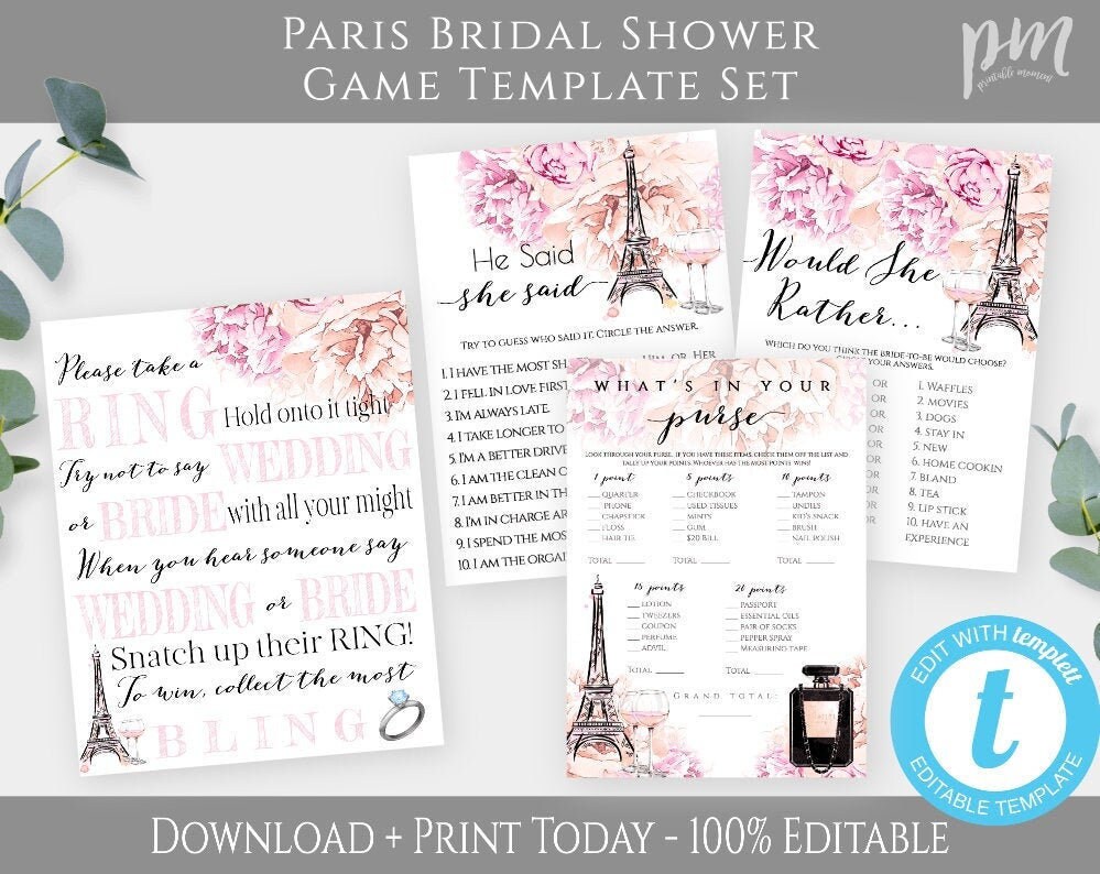 Paris Bridal Shower Game Template Pack, Printable Shower Game Bundle, Eiffel Tower Wedding Shower Game Set, Edit + Print Yourself, WSP